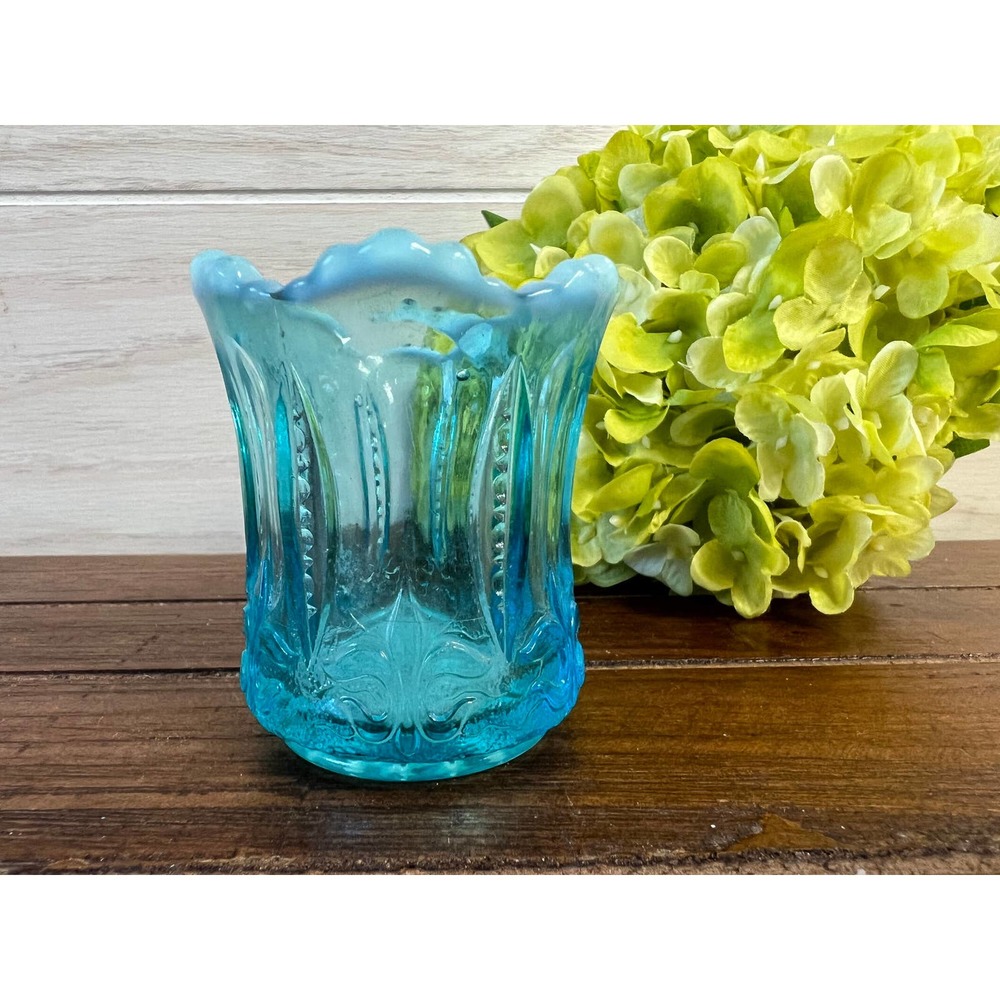 Antique Jefferson Blue Opalescent Glass Iris and Meander Toothpick Holder